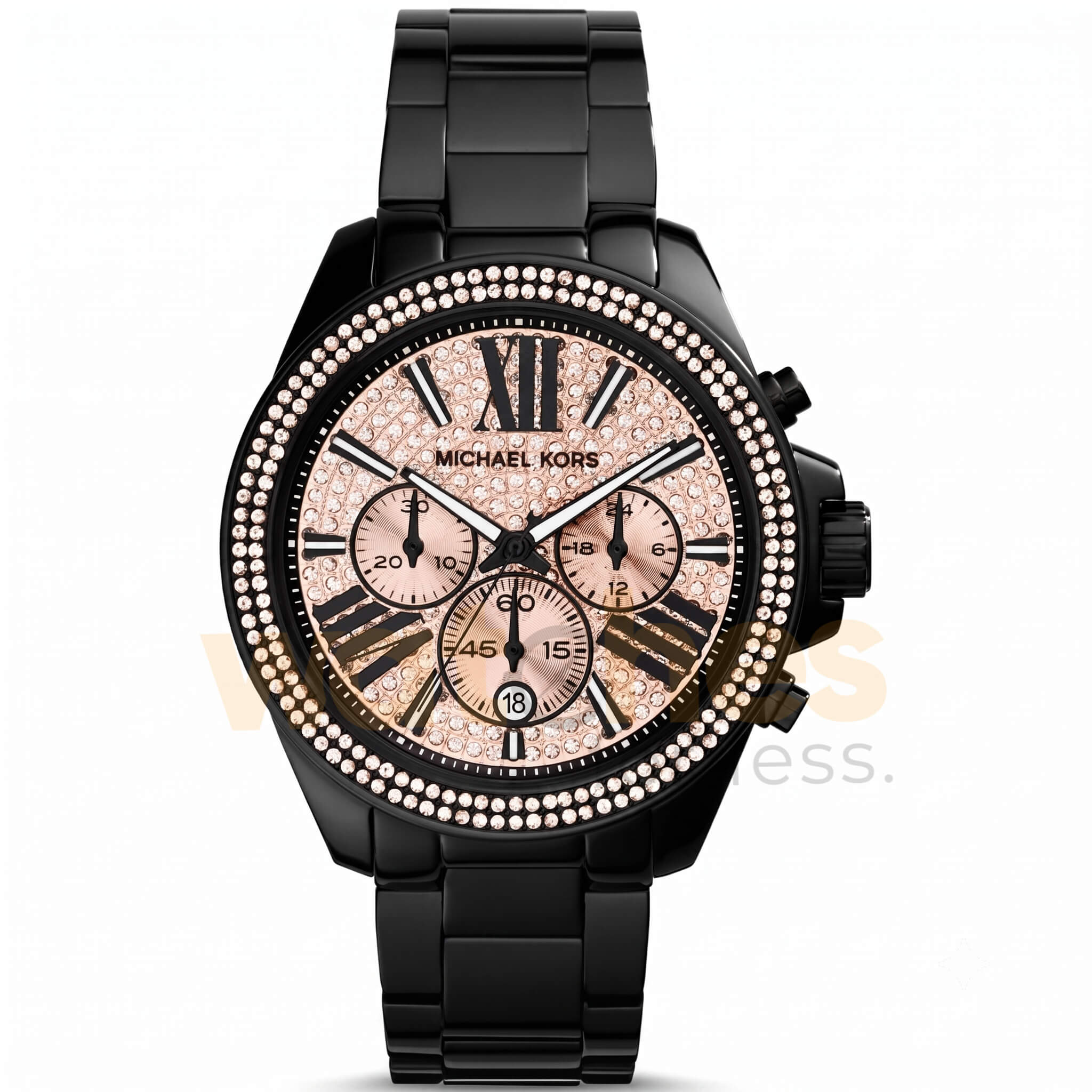 Michael Kors Women’s Chronograph Quartz Black Stainless Steel Rose Crystal Pave Dial 43mm Watch MK5879