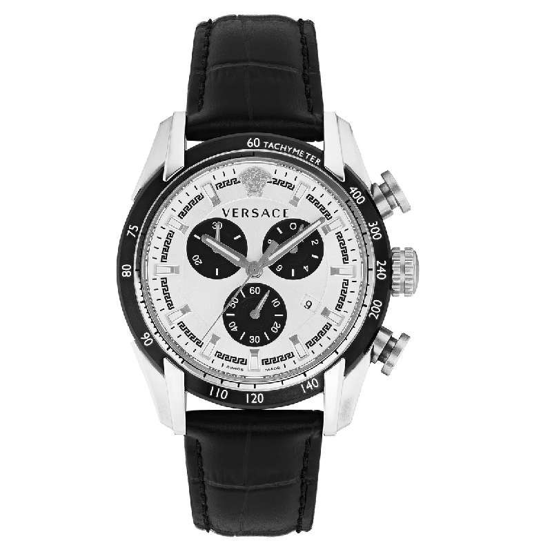 Versace Men’s Quartz Swiss Made Black Leather Strap Silver Dial 44mm Watch VE2I00821