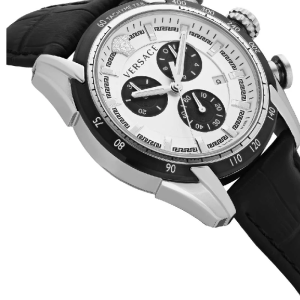 Versace Men’s Quartz Swiss Made Black Leather Strap Silver Dial 44mm Watch VE2I00821