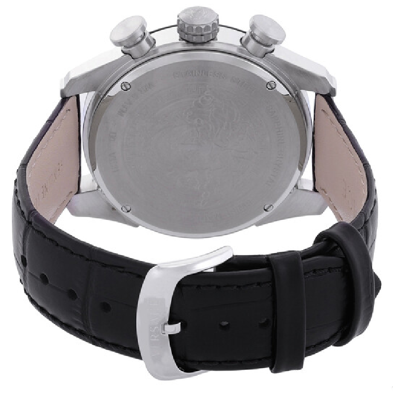 Versace Men’s Quartz Swiss Made Black Leather Strap Silver Dial 44mm Watch VE2I00821
