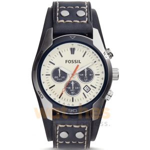 Fossil Men’s Chronograph Quartz Navy Blue Leather Strap Cream Dial 44mm Watch CH3051