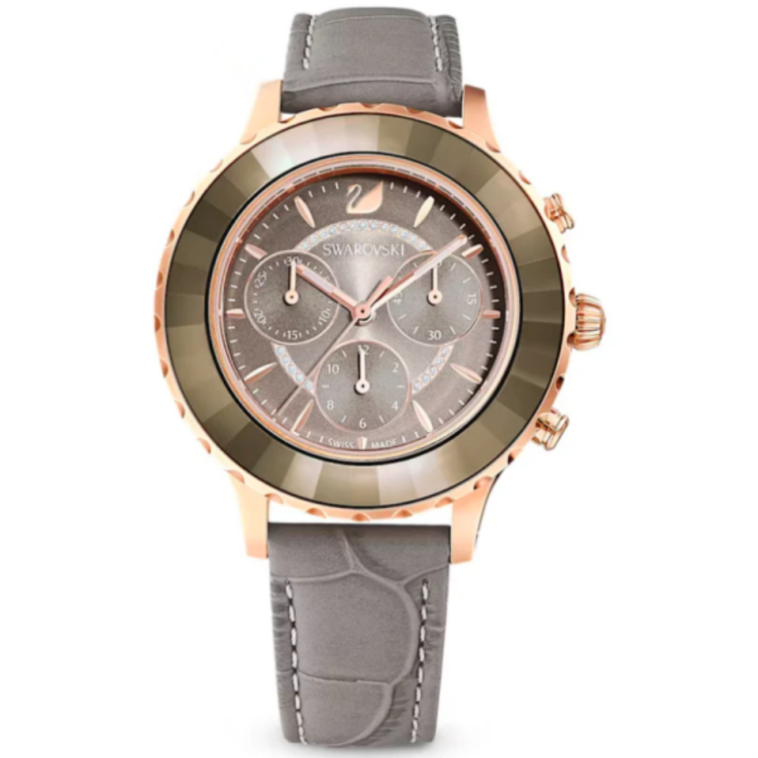 SWAROVSKI Women’s Swiss Made Chronograph Quartz Grey Leather Strap Grey Dial 39mm Watch 5452495