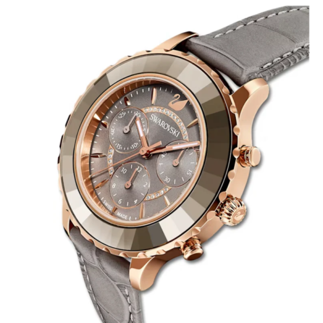 SWAROVSKI Women’s Swiss Made Chronograph Quartz Grey Leather Strap Grey Dial 39mm Watch 5452495