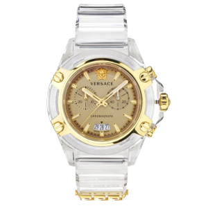 Versace Men’s Quartz Swiss Made Transparent Silicone Strap Gold Dial 44mm Watch VEZ700121