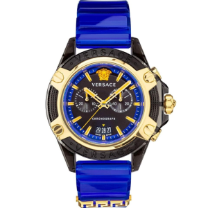 Versace Men’s Quartz Swiss Made Blue Silicone Strap Black Dial 44mm Watch VEZ700521