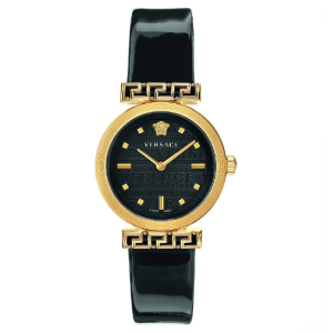 Versace Women’s Quartz Swiss Made Black Leather Strap Black Dial 34mm Watch VELW00420