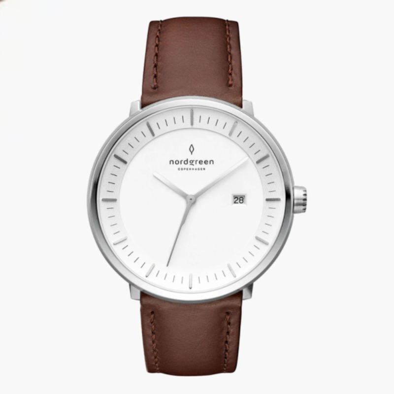 Nordgreen Unisex Quartz Brown Leather Strap White Dial 40mm Watch PH40SILEDBXX
