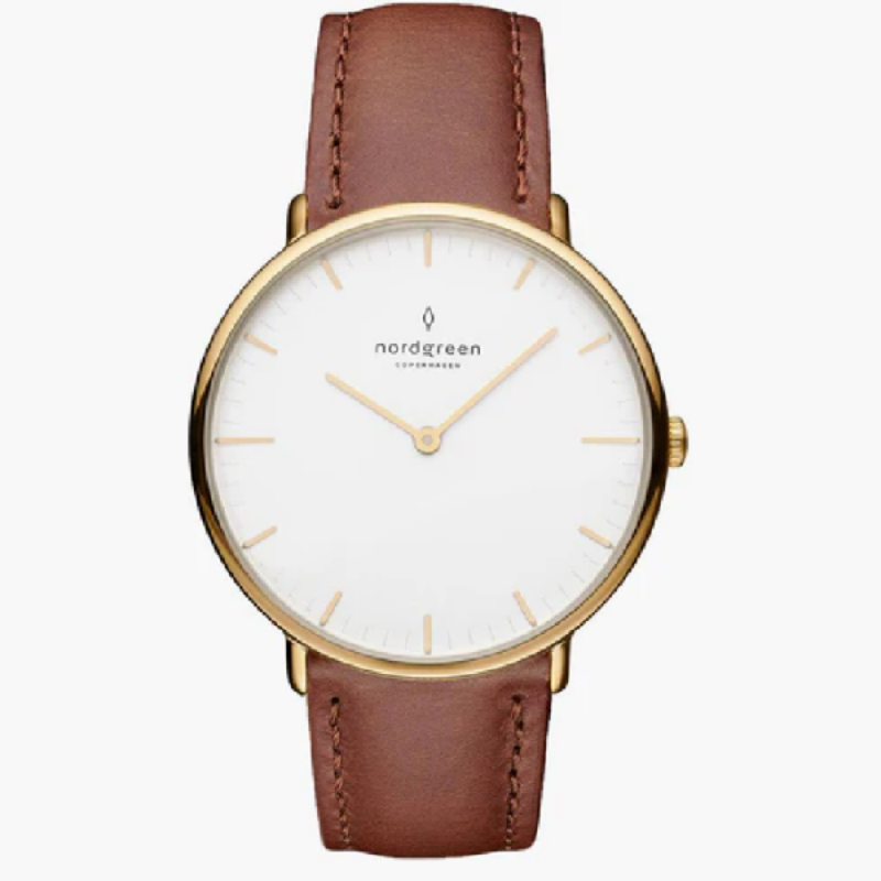 Nordgreen Unisex Quartz Brown Leather Strap White Dial 40mm Watch NR40GOLEBRXX