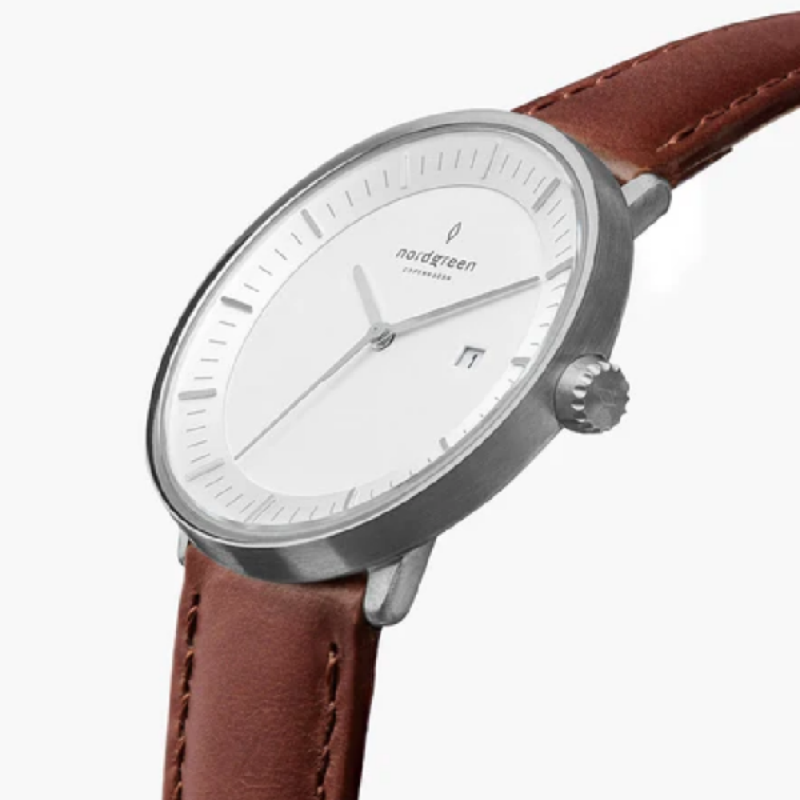 Nordgreen Unisex Quartz Brown Leather Strap White Dial 36mm Watch PH36SILEBRXX
