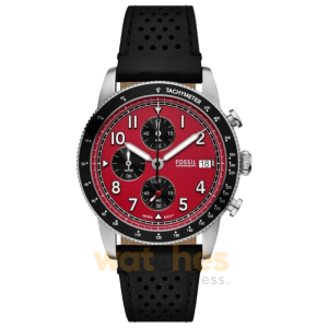 Fossil Men’s Chronograph Quartz Black Leather Strap Red Dial 42mm Watch FS6086 (Without Tag)