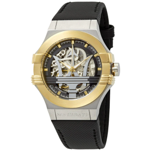 Maserati Men’s Automatic Black Leather Strap Black Skeleton Dial 42mm Watch R8821108011 (Shelf Leftover)