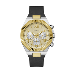 Guess Men’s Quartz Black Silicone & Leather Strap Gold Dial 44mm Watch GW0791G1