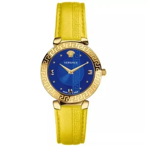 Versace Women’s Quartz Swiss Made Yellow Leather Strap Blue Dial 35mm Watch V16090017 (Without Tag)