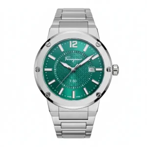 Ferragamo Men’s Swiss Made Quartz Silver Stainless Steel Green Dial 44mm Watch SFHY02924 (Shelf Leftover)