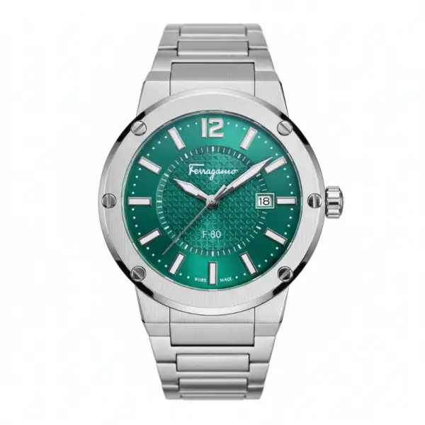 Ferragamo Men’s Swiss Made Quartz Silver Stainless Steel Green Dial 44mm Watch SFHY02924 (Shelf Leftover)
