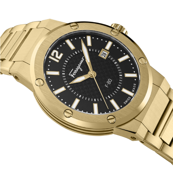 Ferragamo Men’s Swiss Made Quartz Gold Stainless Steel Black Dial 44mm Watch SFHY00821