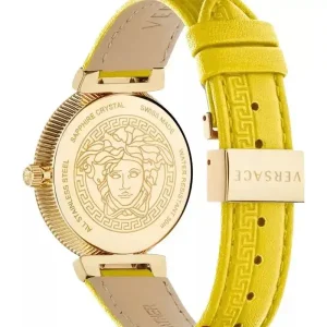 Versace Women’s Quartz Swiss Made Yellow Leather Strap Blue Dial 35mm Watch V16090017 (Without Tag)