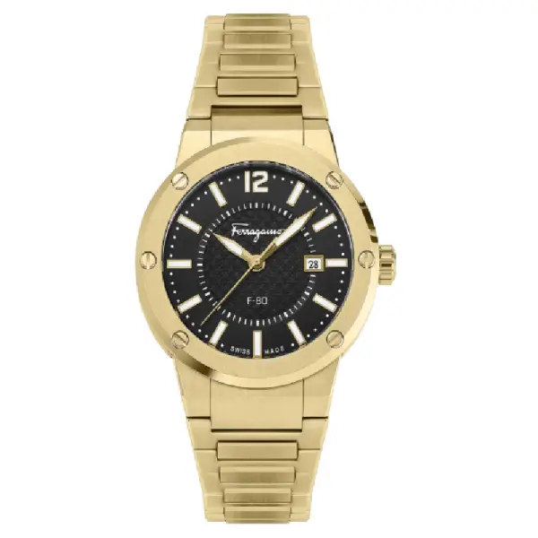 Ferragamo Men’s Swiss Made Quartz Gold Stainless Steel Black Dial 44mm Watch SFHY00821