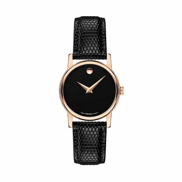Movado Women’s Swiss Made Quartz Black Leather Strap Black Dial 28mm Watch 2100012 (Shelf Leftover)