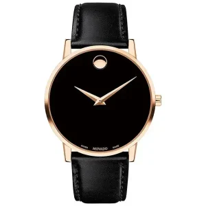 Movado Men’s Quartz Swiss Made Black Leather Strap Black Dial 40mm Watch 0607315 (Shelf Leftover)