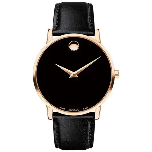 Movado Men’s Quartz Swiss Made Black Leather Strap Black Dial 40mm Watch 0607315 (Shelf Leftover)