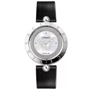 Versace Women Quartz Swiss Made Black Leather Strap Mother Of Pearl Dial 35mm Watch V79070017 (Without Tag)