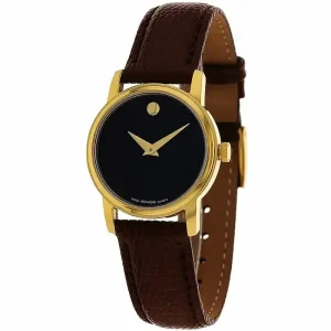 Movado Museum Women’s Quartz Swiss Made Dark Brown Leather Strap Black Dial 27mm Watch 2100006/1 (Shelf Leftover)