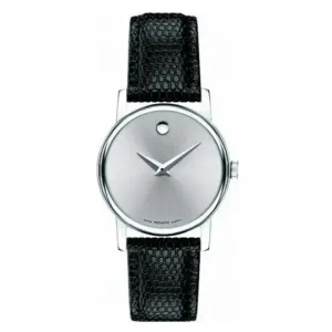 Movado Women’s Swiss Made Quartz Black Leather Strap Silver Dial 26mm Watch 2100003 (Without Tag)
