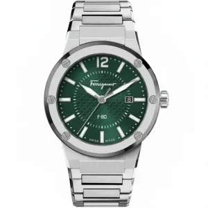 Ferragamo Men’s Swiss Made Quartz Silver Stainless Steel Green Dial 44mm Watch SFHY00621 (Shelf Leftover)