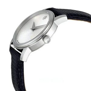 Movado Women’s Swiss Made Quartz Black Leather Strap Silver Dial 26mm Watch 2100003 (Without Tag)