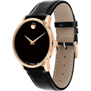 Movado Men’s Quartz Swiss Made Black Leather Strap Black Dial 40mm Watch 0607315 (Shelf Leftover)