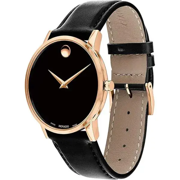 Movado Men’s Quartz Swiss Made Black Leather Strap Black Dial 40mm Watch 0607315 (Shelf Leftover)
