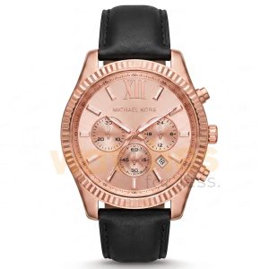 Michael Kors Men’s Chronograph Quartz Black Leather Strap Rose Gold Dial 44mm Watch MK8516