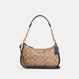 Coach Teri Shoulder Bag In Signature Canvas in Khaki/Black (Size: L 25.4cm, H 17.8cm, W 10.8cm) CA548-2