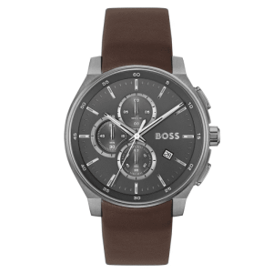 Hugo Boss Men’s Chronograph Quartz Brown Leather Strap Grey Dial 45mm Watch 1514187