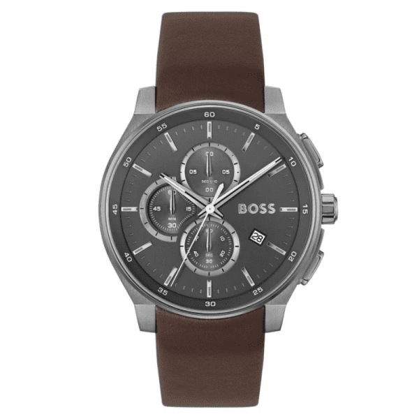 Hugo Boss Men’s Chronograph Quartz Brown Leather Strap Grey Dial 45mm Watch 1514187