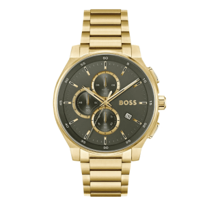 Hugo Boss Men’s Chronograph Quartz Gold Stainless Steel Olive Green Dial 44mm Watch 1514190