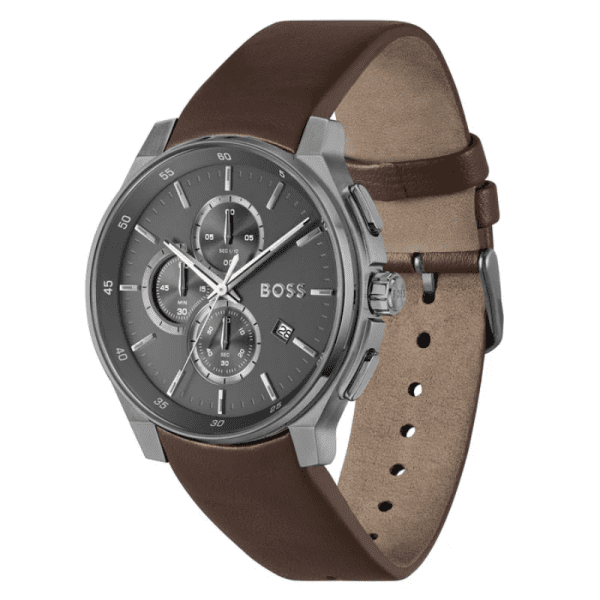 Hugo Boss Men’s Chronograph Quartz Brown Leather Strap Grey Dial 45mm Watch 1514187 - Image 2