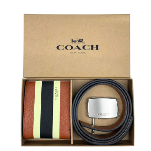 COACH V-Stripe 3-in-1 Compact Bifold Wallet Set – Brown Signature Leather with Removable ID Case (Size: L 14.0cm, H11.7cm, W2.5cm) F75086