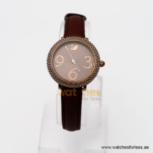 SWAROVSKI Women’s Swiss Made Quartz Dark Brown Leather Strap Grey Dial 34mm Watch 5484067 (Shelf Leftover)