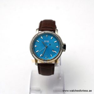 Hugo Boss Men’s Quartz Brown Leather Strap Sky Blue Dial 43mm Watch 1512099/4 (Shelf Leftover)
