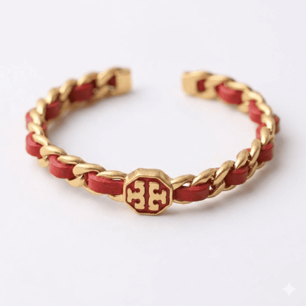 Tory Burch Women’s Marion Gold & Red Leather Chain Bracelet TB04187-2 - Image 2