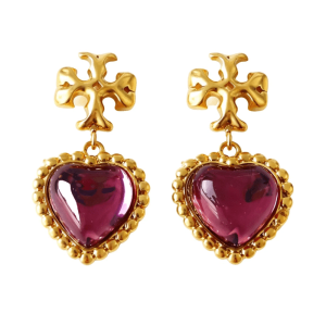 Tory Burch Roxanne Heart Drop Gold Tone Hardware With Purple Glass Heart Pendant Earrings TB8399