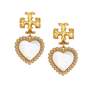 Tory Burch Roxanne Heart Drop Earrings Gold Tone Logo with Mother of Pearl TB8386