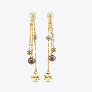 Tory Burch Women’s Kira Pearl Linear Earrings Gold Tone Multi-Colored TB147158