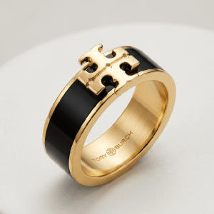 Tory Burch Unisex Radiant Ring Gold Tone Black Enamel Ring Size 18.86mm TB9868