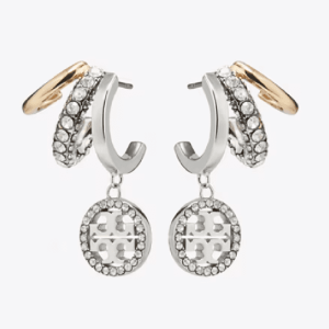 Tory Burch Women’s Icon Pavé Triple Hoop Earrings Gold Tone Silver Crystal Layered Hoop Design TB171660