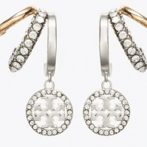 Alternative view of Tory Burch Women’s Icon Pavé Triple Hoop Earrings Gold Tone Silver Crystal Layered Hoop Design TB171660