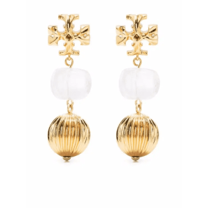 Tory Burch Women’s Logo Pearl Drop Earrings – Gold Tone Crystal Logo Stud with Cultured Pearl Dangle TB9856