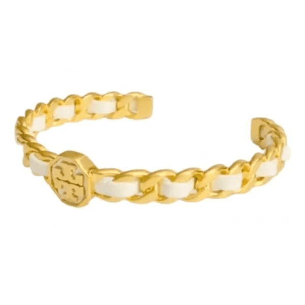 Tory Burch Women’s Marion Gold & White Leather Chain Bracelet TB04187 - Image 2